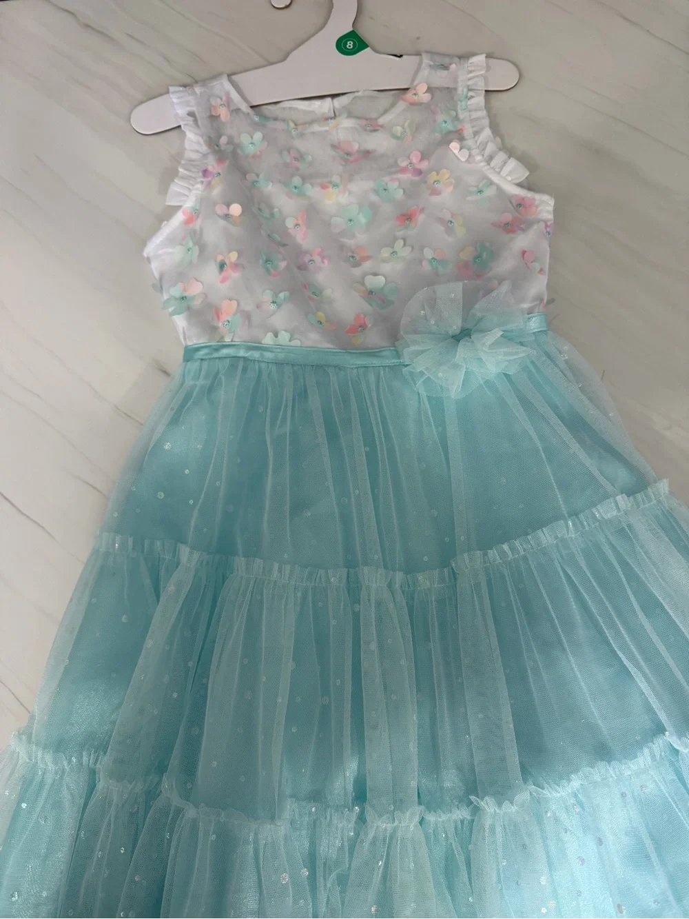 Jona Michelle Aqua Tulle Party Dress with Pastel Floral Bodice